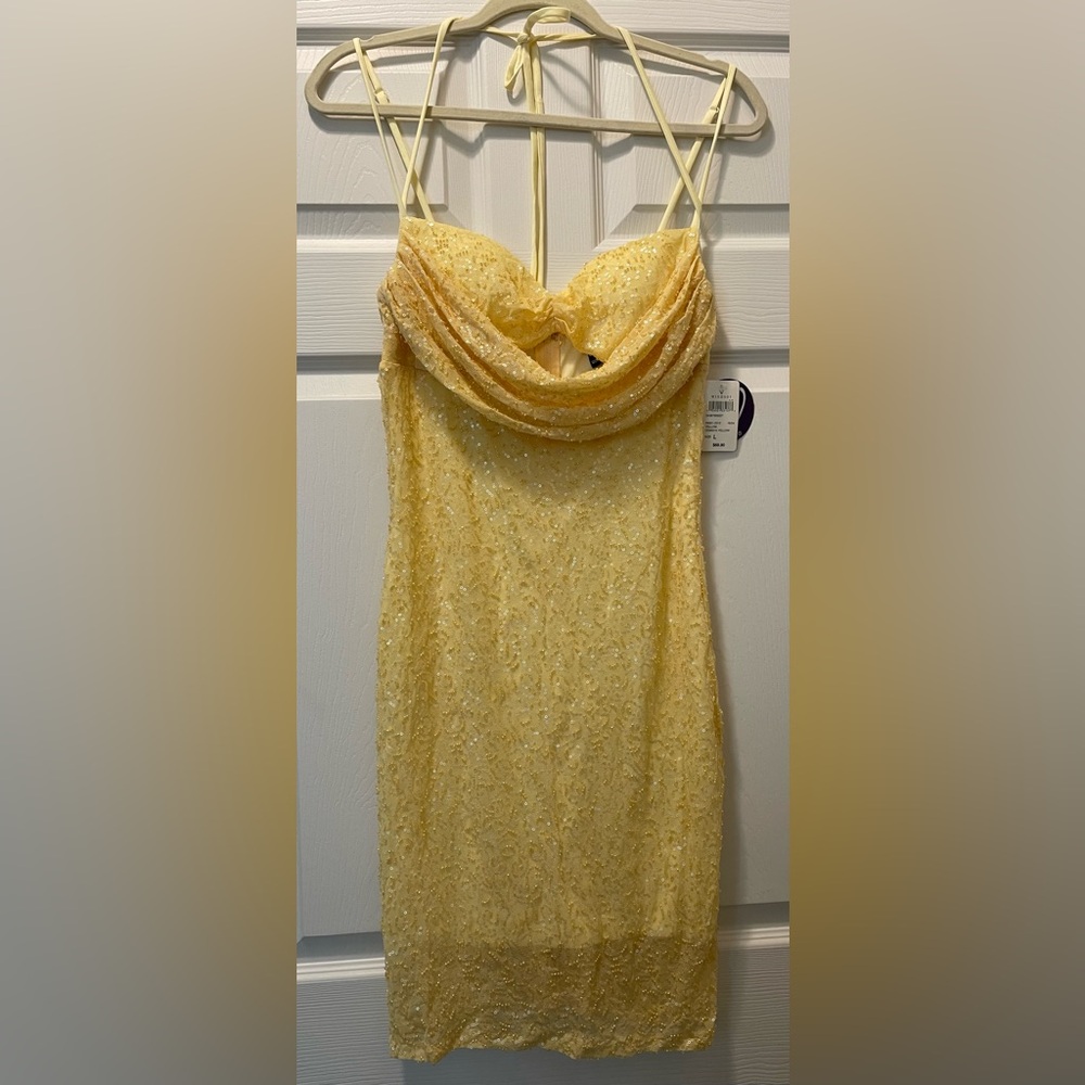 Windsor Yellow Spaghetti Strapped Beaded and Sequined Dress